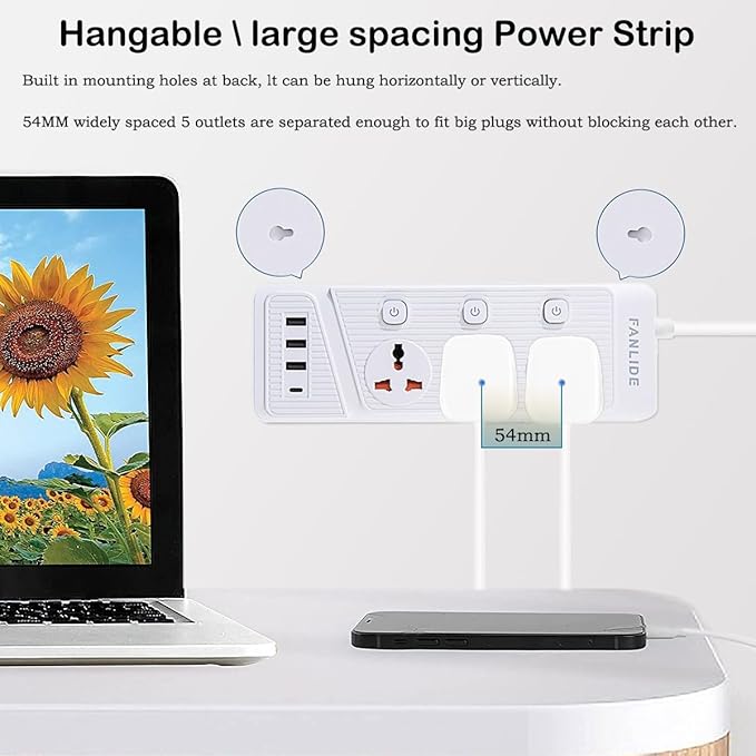 Universal Power Strip with USB C, 3 Outlets 3 USB and 1 USB C Ports, 6.5ft Power Cord, 2500W Circuit Breaker