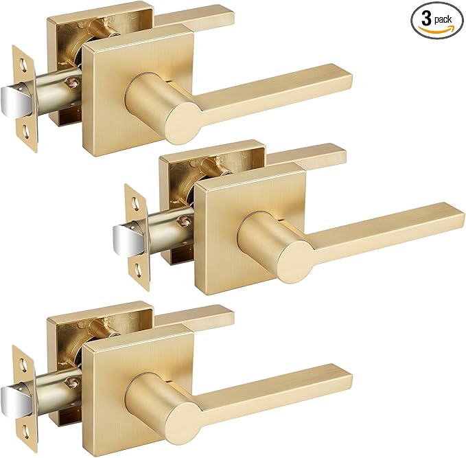 EHOMEWARE 3 Pack Passage Door Handles, Satin Brass Door Knobs Interior, Hallway Closet Door Levers Keyless Gold Door Handle, Heavy Duty Suqare Door Handle Set for Left or Right Handed Doors