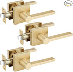 EHOMEWARE 3 Pack Passage Door Handles, Satin Brass Door Knobs Interior, Hallway Closet Door Levers Keyless Gold Door Handle, Heavy Duty Suqare Door Handle Set for Left or Right Handed Doors