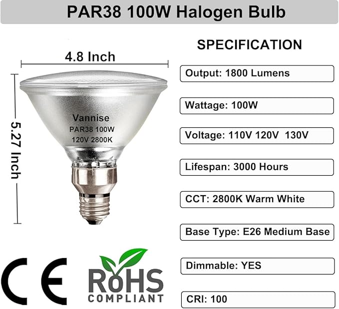 4pcs High Output 1800LM PAR38 Flood Light Bulbs, 100W Dimmable Warm White 2800K, E26 Base, Long Lasting Halogen Outdoor Flood Lights