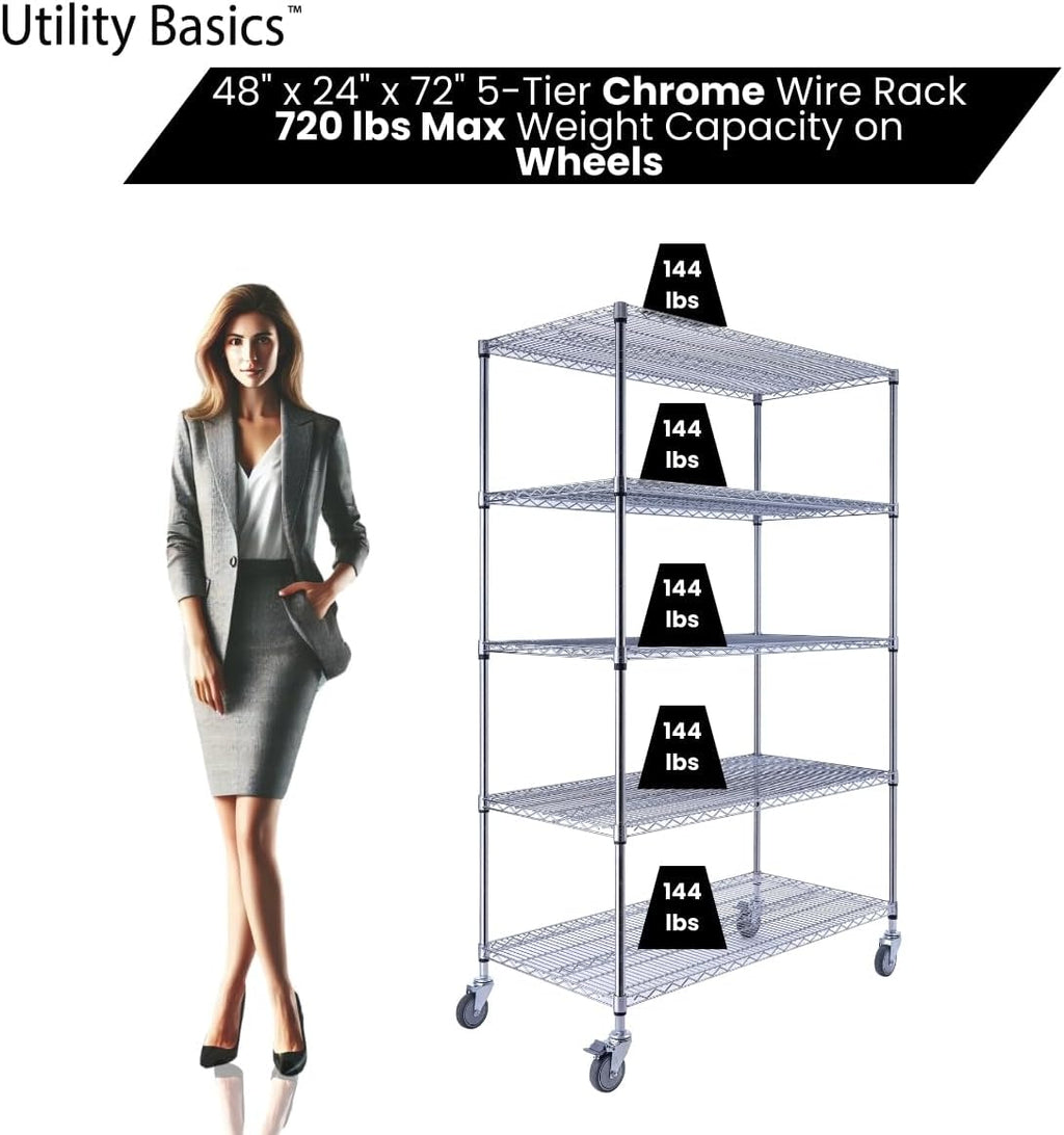 48"x24"x72" Chrome 5-Tier PREMIUM Wire Shelving NSF 4000 LBS MAX CAPACITY Heavy Duty Steel Storage Rack for Warehouses, Garages, Hospitals, Commercial Spaces, & Schools w/PREMIUM WHEELS