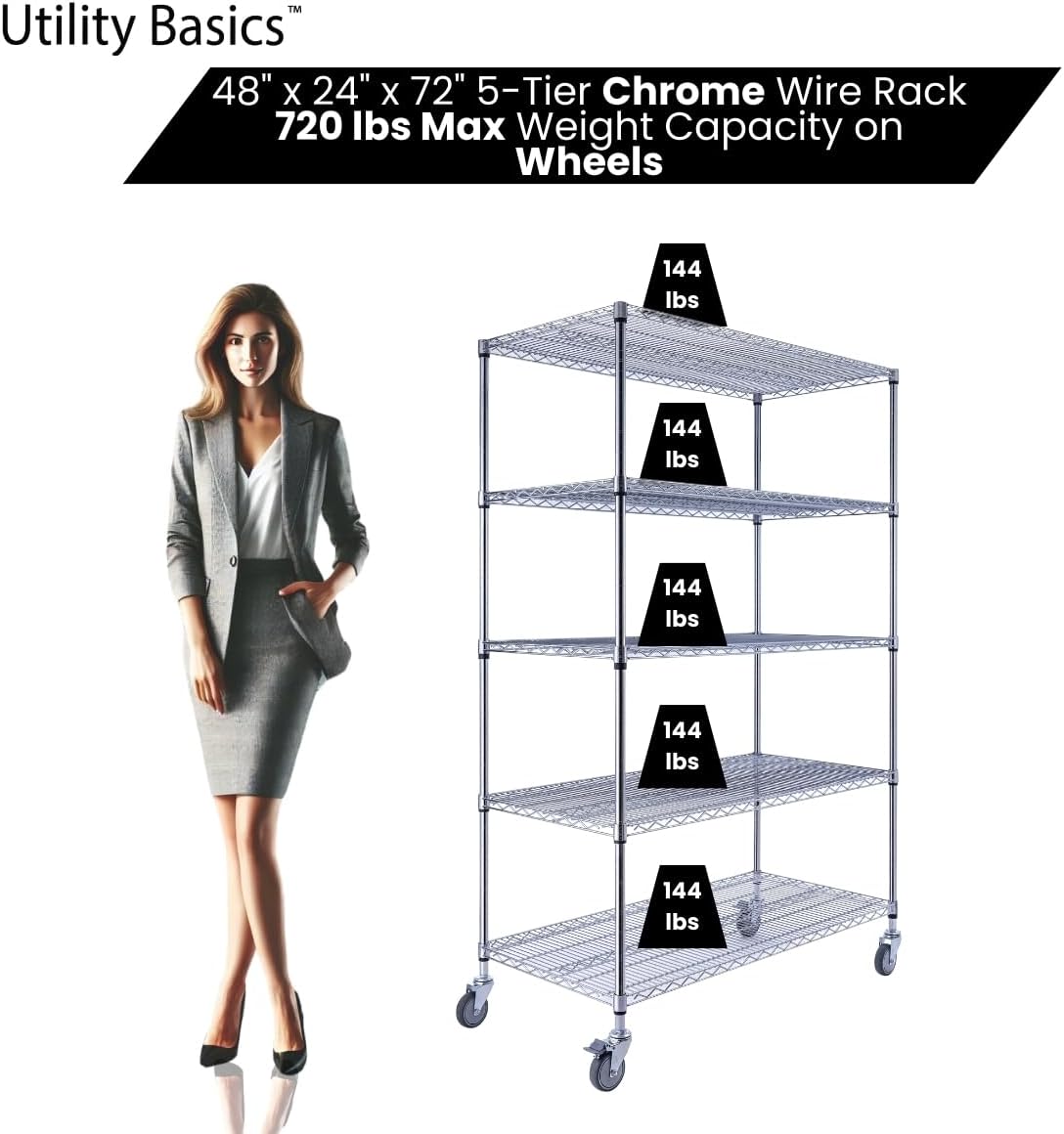 48"x24"x72" Chrome 5-Tier PREMIUM Wire Shelving NSF 4000 LBS MAX CAPACITY Heavy Duty Steel Storage Rack for Warehouses, Garages, Hospitals, Commercial Spaces, & Schools w/PREMIUM WHEELS
