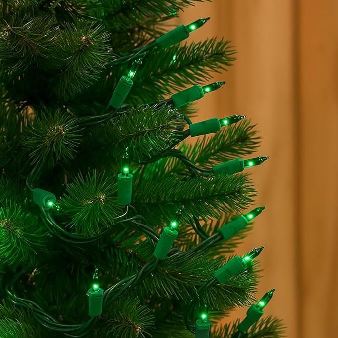 Novelty Lights 11 Feet 50 Bulbs Traditional Incandescent Mini Lights, Green on Green Wire with 2.5" Spacing, Commercial Grade and UL Listed for Indoor/Outdoor Use, End-to-End Connectable