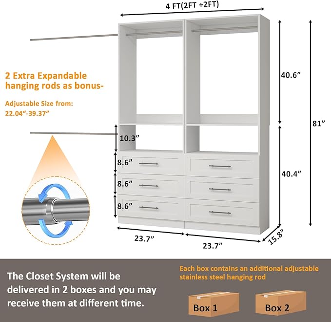 Closet System with 6 Drawers, Modular Closet Organizer System with 4 Hanging Rod, Custom Closet Storage Solution for Small Walk-in Closet, 2 Sets, White (4FT)
