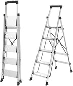 HBtower 5 Aluminum Step Ladder, Strudy Ladders for Home with Tool Tray, Anti-Slip Folding Step Stool for Adults, Light Weight Portable 330lbs Safety for Kitchen Warehouse Outdoor Work