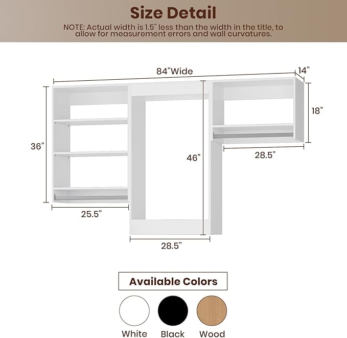 ROOMTEC Modular Closet System, 84" Closet Organizer with Hanging Rods, Wall-Mounted Wooden Tower for Walk-In Closets, Wardrobe Storage Kit, White