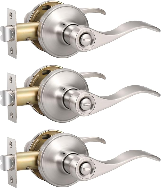 Knobonly 3 Pack Satin Nickel Privacy Door Levers Interior Door Handles for Bedroom and Bathroom Door Knobs Keyless Privacy Door Handles with Lock, Zinc Alloy Reversible for Right/Left