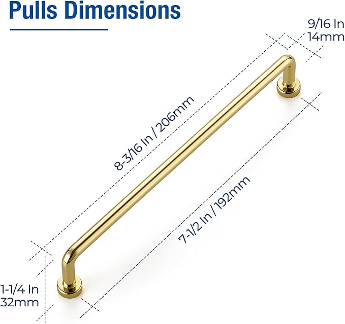 JOY DECOR Cabinet Pulls – 7-1/2 Inch Hole Center, Polished Brass, 5 Pack, Zinc Alloy Cabinet Handles for Drawers & Cupboard – Vintage Style Hardware for Kitchen, Bathroom, Dresser, Furniture Makeover