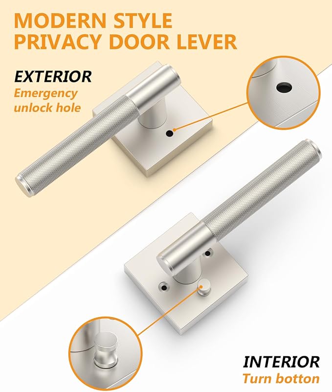 Asidrama 4 Pack Privacy Brushed Satin Nickel Door Handles, Door Lever with Door Knobs Indoor for Bedroom or Bathroom, Brushed Satin Nickel Door Handles Interior with Locks for Left Right Sided Doors