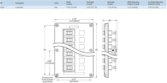 Blue Sea Systems 4320 Water-Resistant Circuit Breaker Switch Panel, Gray, 4 Positions