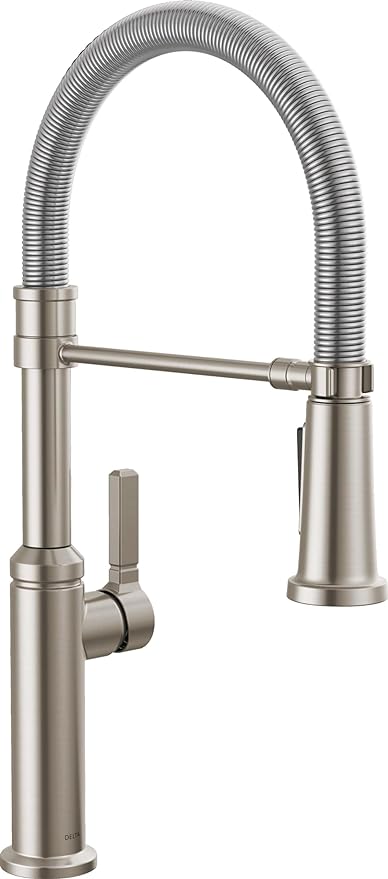 Delta Rhett Pro Style Commercial Kitchen Faucet with Pull Down Sprayer, Brushed Nickel Single Hole Kitchen Sink Faucet, Single Handle, Stainless 18829-SS-DST