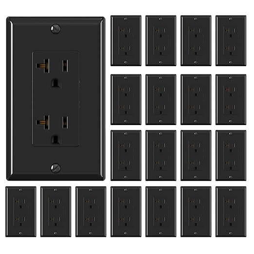 ELEGRP Glossy Black Decorator Electrical Wall Outlet Receptacle, 20A 125V Standard Outlets, 2 Pole 3 Wire, Non-Tamper Resistant, NEMA 5-20R, Self-Grounding, Wall Plate Included, UL Listed, 20 Pack