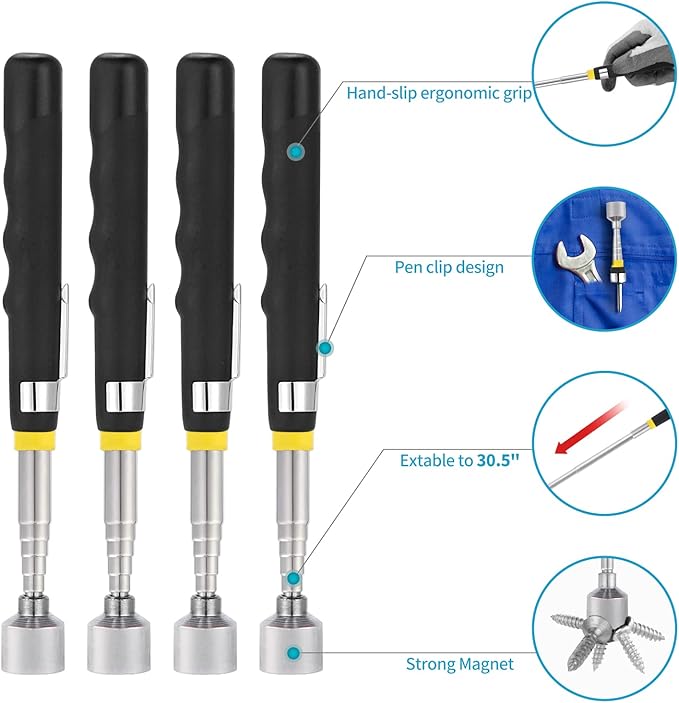 4 Pieces 10LBs Telescoping Magnetic Pickup Tool, Magnet Stick Rod Extendable 7" to 30.5" for Men, Birthday, Father's Day, Christmas Gift