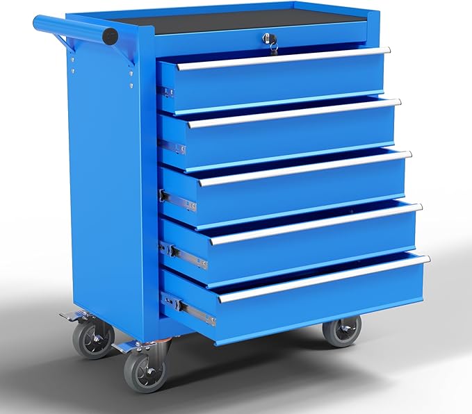 5-Drawer Metal Rolling Tool Chest with Wheels,Tool Storage Cabinet with Locking System，Toolbox with Wheels for Garage, Warehouse, Workshop, Repair Shop (Blue, 5Drawer)
