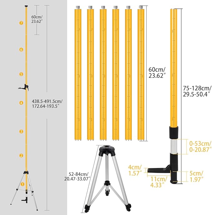 15.8Ft/4.8M Professional Laser Level Pole with Tripod & Mount - 1/4" & 5/8" Adapters, Adjustable Telescoping Laser Level Pole for Rotary/Line Lasers