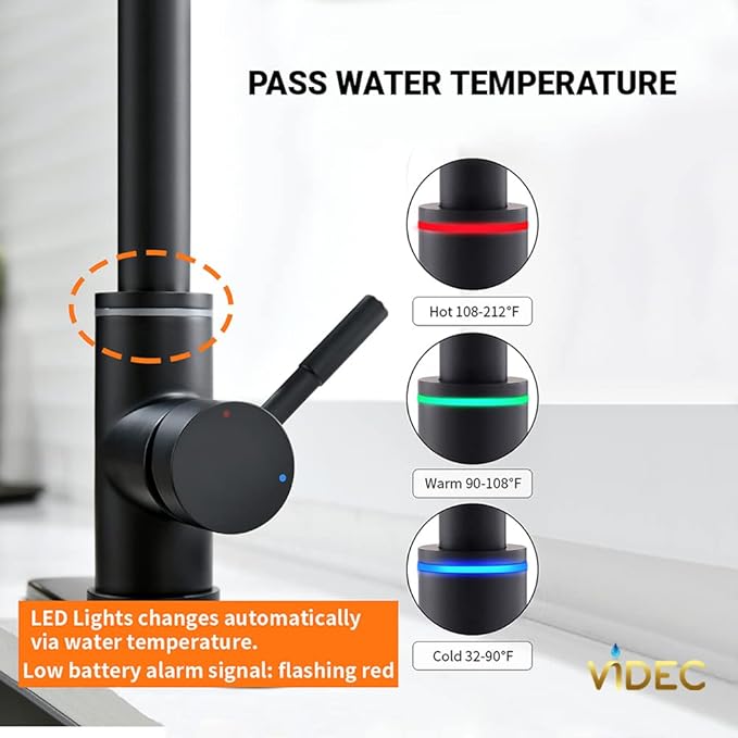 Smart Kitchen Faucet, 3 Modes Pull Down Sprayer, LED Temperature Control, Ceramic Valve, 360-Degree Rotation, 1 or 3 Hole Deck Plate. 10-Year Warranty. (KW-56R, Matt Black)