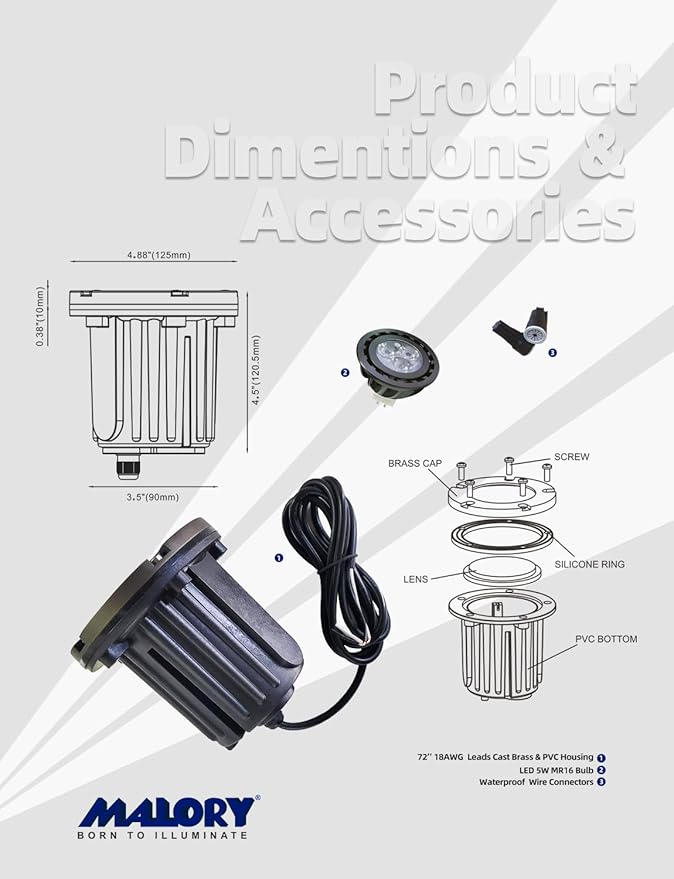 MALORY Low Voltage Landscape Lights, (4.6''H) Brass Top Cover 12V Outdoor In Ground Lights, LED Landscape Well Lighting for Pathway, Driveway, Deck Step and Garden 1 Pack with MR16 Bulb (Flat Top)