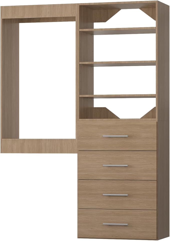 Modular Closet System, 52" Wide Closet Organizer System with Tower and Drawers, Wood Tower Closet Storage for Walk In Closets, Wall Mounted Wardrobe Organizer Kit System, Bedroom, Wood