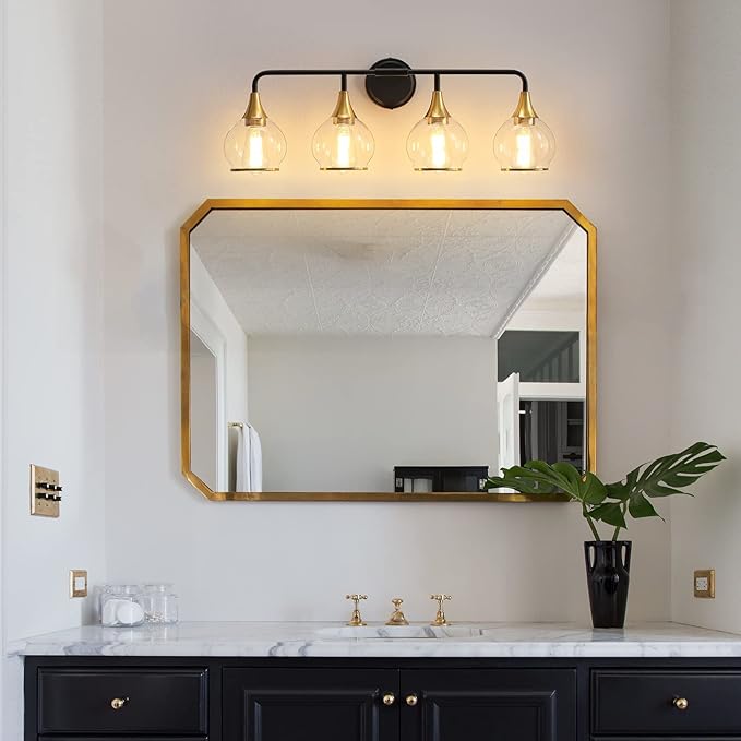 Black and Gold Bathroom Vanity Light 4-Light Bathroom Vanity Light Fixtures Over Mirror with Clear Glass Shade 30.7 inch Wall Sconce Lighting Bath(Exclude E26 Bulb)