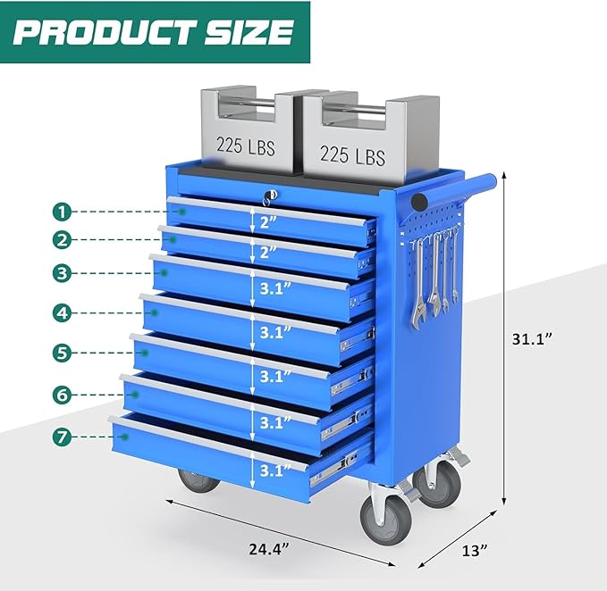 7-Drawer Rolling Tool Chest with Wheels, Tool Box with Locking System and Sliding Drawers, Tool Box Organizer for Garage, Warehouse, Workshop(Blue)