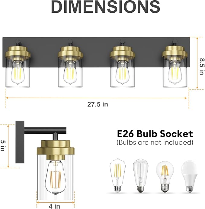 IZORRO Bathroom Vanity Light Fixture, 4-Light 27.5 Inch Black and Gold Bathroom Light Fixtures Over Mirror, with Clear Glass Shade, Modern Farmhouse Vanity Lights, Rustic Restroom Lighting Fixtures