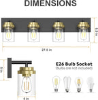 IZORRO Bathroom Vanity Light Fixture, 4-Light 27.5 Inch Black and Gold Bathroom Light Fixtures Over Mirror, with Clear Glass Shade, Modern Farmhouse Vanity Lights, Rustic Restroom Lighting Fixtures