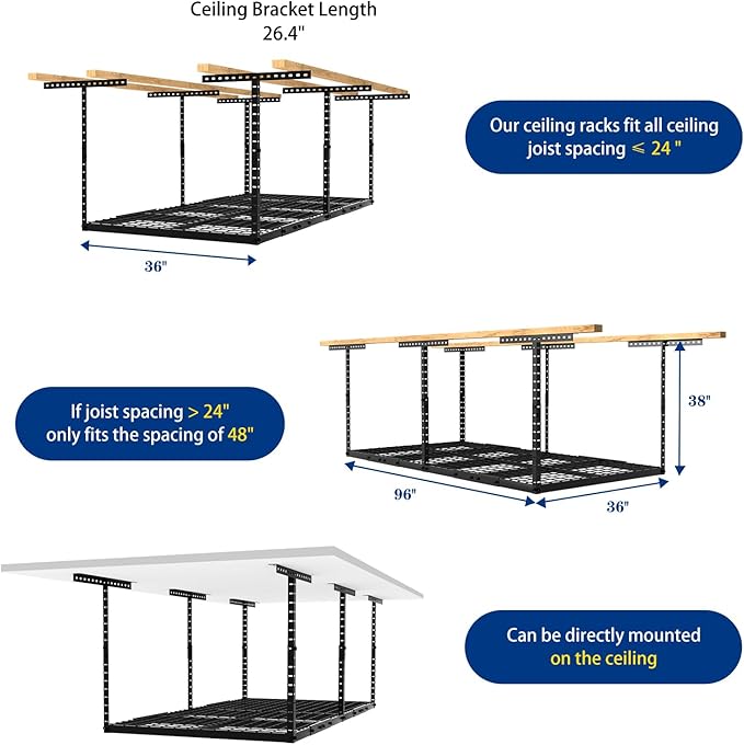 3x8 Overhead Garage Storage Rack Adjustable Garage Ceiling Storage Racks, Holds 600 lbs, 22 lbs Per Hook, Heavy Duty Steel Hanging Organizer for Tools, Bins & Bikes