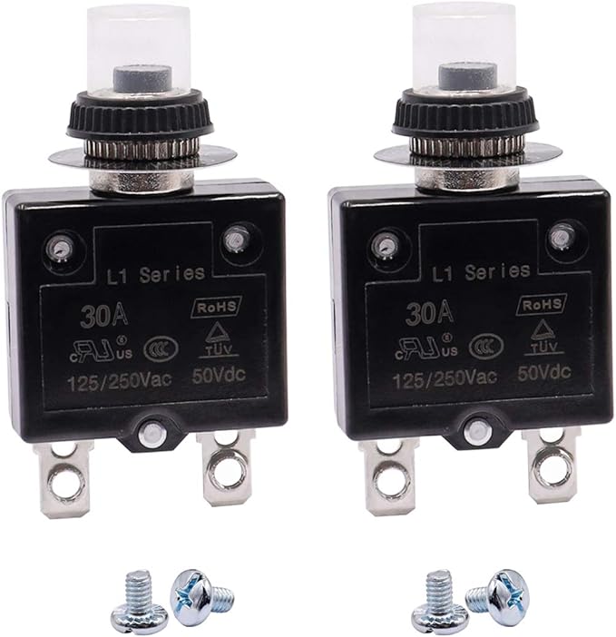 mxuteuk 2Pcs 30Amp Circuit Breakers Push Button Manual Reset 125/250V AC 50V DC, L1 Series Overload Protector Switch Thermal Circuit Breakers with Waterproof Button Caps L1-ls-30A