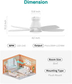 Ceiling Fans with Lights, 42 inch Ceiling Fans with Lights and Remote, Dimmable, Noiseless, Low Profile Ceiling Fan with Light for Bedroom, Indoor and Outdoor Use(White)