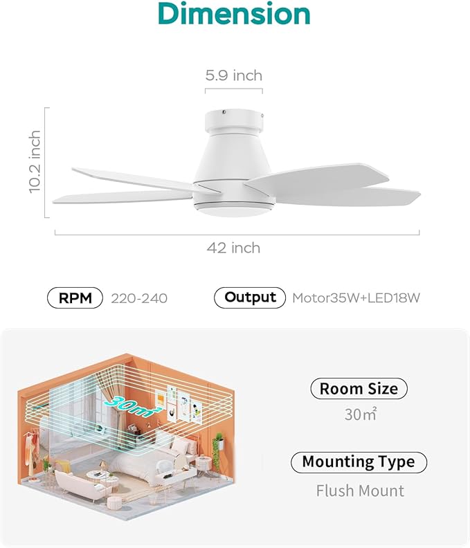 Ceiling Fans with Lights, 42 inch Ceiling Fans with Lights and Remote, Dimmable, Noiseless, Low Profile Ceiling Fan with Light for Bedroom, Indoor and Outdoor Use(White)