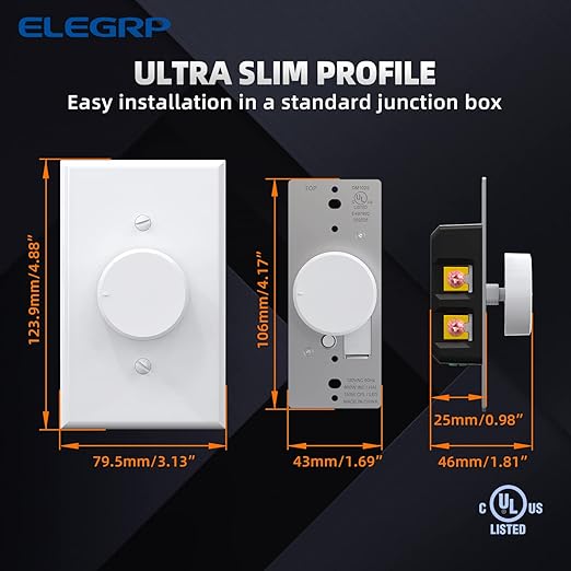 ELEGRP Digital Rotating Dimmer Switch for Dimmable LED, CFL and Incandescent Light Lamp Bulbs, Single Pole / 3-Way Rotary Dimmer Switch, Wall Plate Included, UL Listed (1 Pack, Matte White)