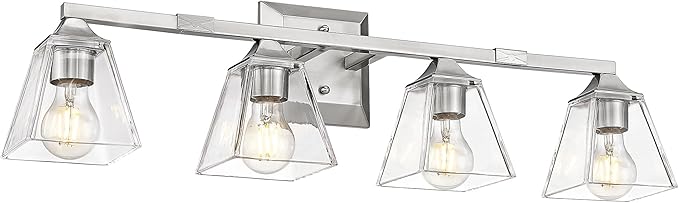 Brushed Nickel Bathroom Vanity Light, HWH 4-Light Vanity Light Fixture Modern Vanity Wall Sconce Lamp Over Mirror with Square Glass Shade, 5HY68B-4W BN