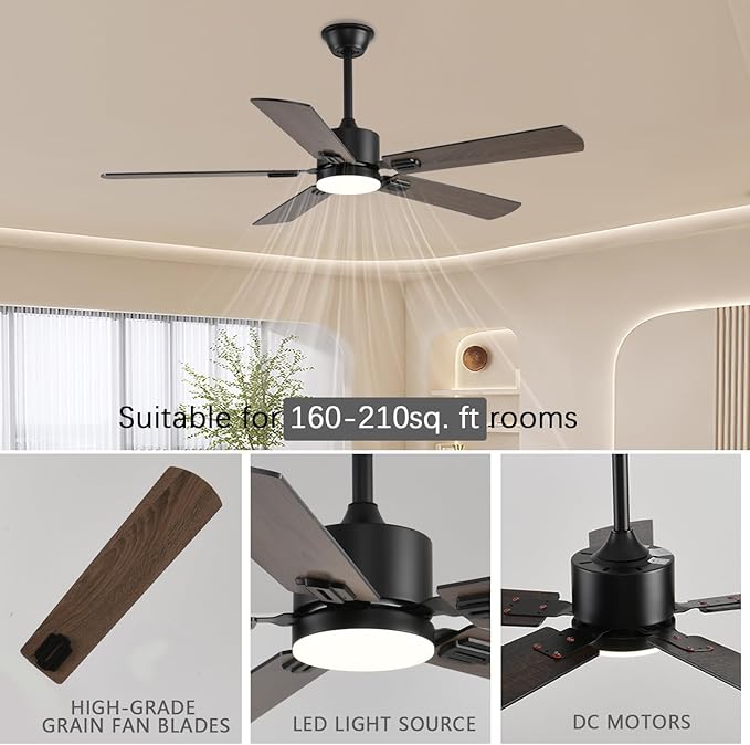 52 inch Modern Ceiling Fans with Lights APP/Remote Control, Low Profile Reversible 6 Speeds Dimmable Ceiling Fan Light for Indoor/Outdoor Bedroom Living Room（Brown）