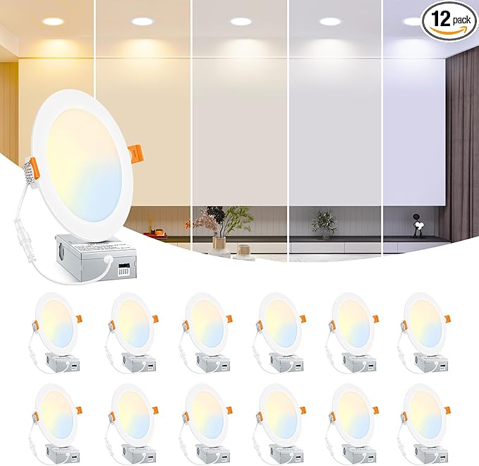 BesLowe 12 Packs 6 Inch 5CCT LED Recessed Ceiling Lights Ultra-Thin with Junction Box, 12W 150W Eqv, 3000K/3500K/4000K/5000K/6500K, 1200LM Dimmable Canless Downlights for Kitchen Hallway Dining Room