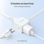 TROND Split Extension Cord Power Strip, Twin 10ft on Each Side, Low-Profile Flat Plug, Dual 3 Outlet Extender Cubes, 3 Prong Ground, 16 Gauge, Ideal for Behind TV Stand Sofa Headboard, Indoor, White