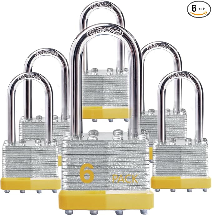 Keyed Alike Laminated Steel Padlocks with Long Shackle for Sheds, Fences & Lockers (6-Pack)