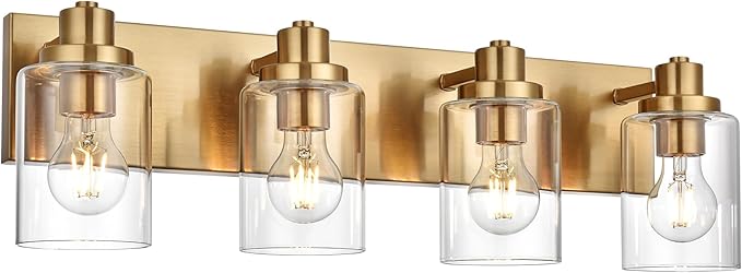 4 Light Bathroom Vanity Lights Brushed Brass Bathroom Lighting Fixtures over Mirror with Clear Glass Shade, Vintage Gold Vanity Light For Bathoom, Modern Bathroom Wall Vanity Lighting Fixtures
