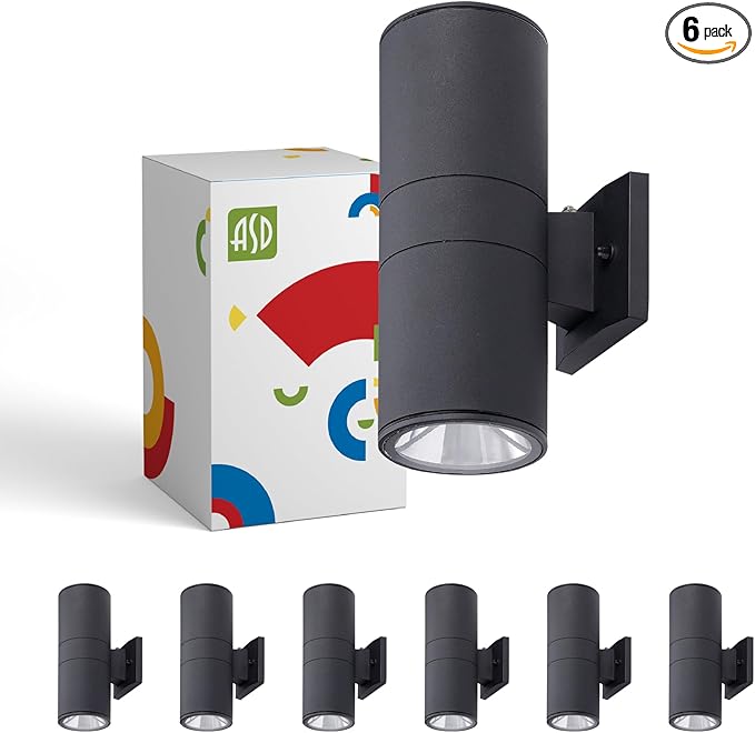 ASD 2 Light Dusk to Dawn Outdoor Wall Light Fixture | 120W E26 Bulb Socket 120V ETL Cylinder Up Down Lights | LED/CFL/Incandescent Bulb Exterior Wall Sconce | Front Door, Porch, Patio | Black, 6 Pack