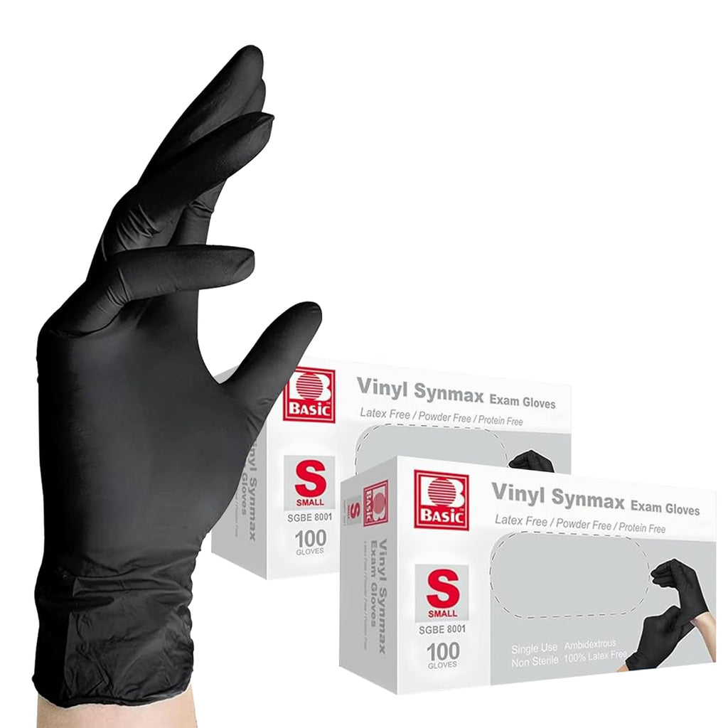 Jointown Vinyl Exam Gloves- 4 mil Safty Glove Latex-Free & Powder-Free, SGBE 8001 Synmax Disposable Medical Glove Small (2 Boxes of 100, Black)