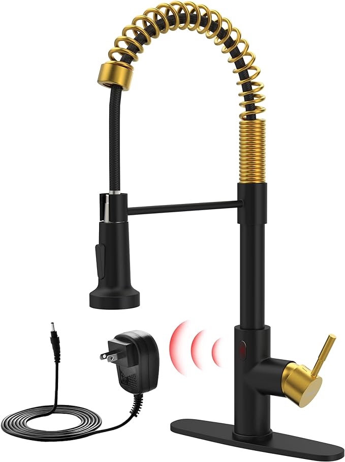 GIMILI Black and Gold Touchless Kitchen Faucet with AC Adapter, Smart Motion Sensor Hands Free Single Handle Kitchen Sink Faucet with Pull Down Sprayer