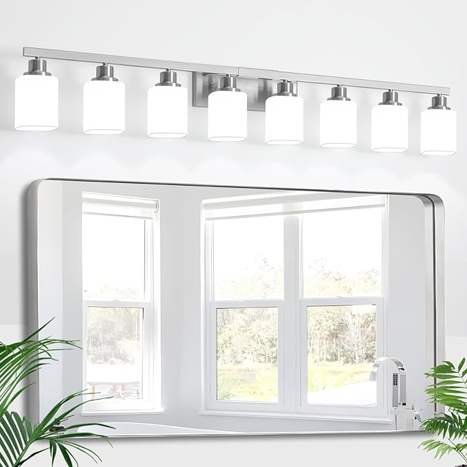 8-Light Bathroom Vanity Light,Brushed Nickel Vanity Lights with Square Frosted Glass,Modern Wall Lights Fixtures Over Mirror,Wall Sconces Lighting for Bedroom Living Room,E26