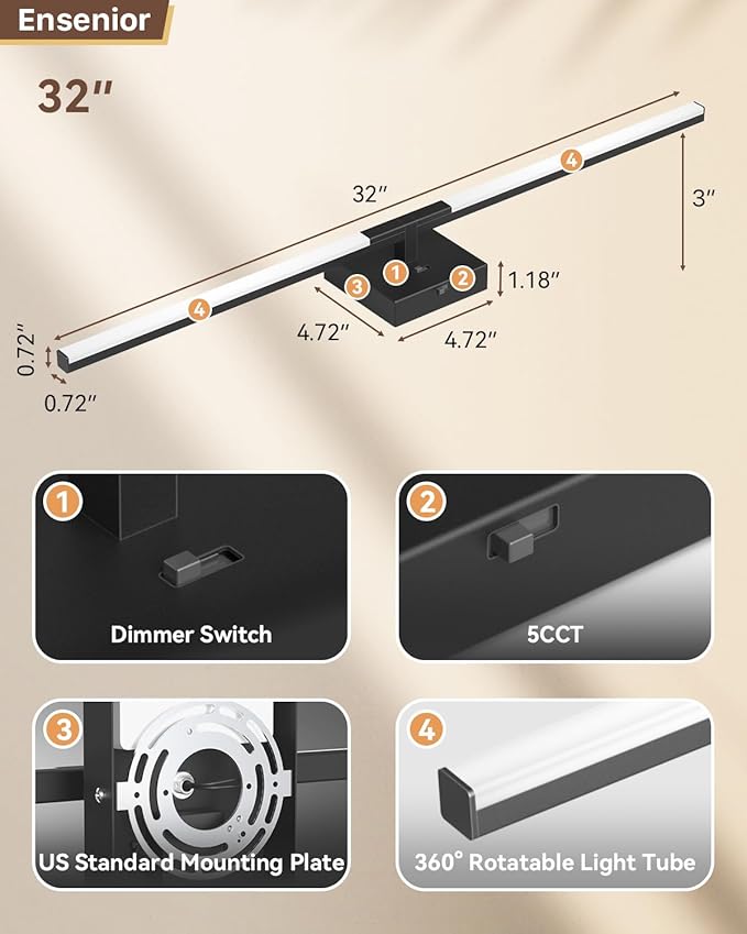 Ensenior Modern Bathroom Vanity Light 32 inch, Built-in Dimmer, 18.5W Dimmable 5CCT Led Bath Lights, Black Bar Vanity Light for Bathroom Mirror Cabinets Bedroom-FCC Certificated