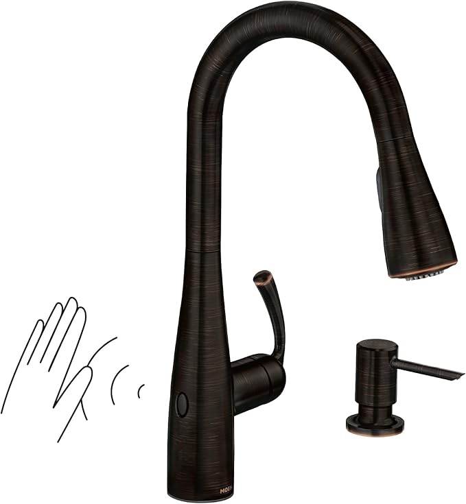 Moen Essie Mediterranean Bronze MotionSense Wave One-Handle Touchless Kitchen Faucet with Pulldown Sprayer and Soap Dispenser, 87014EWBRB