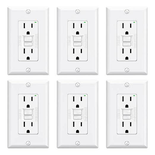 ELEGRP GFCI Outlet 15 Amp, Self-Test GFI Electrical Outlet with Narrow Design, GFCI Receptacle with LED Indicator, UL Listed, White, Wall Plate Included, 6 Pack