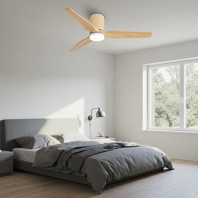 52" Ceiling Fan with Light - Low Profile Flush Mount Ceiling Fan, 6-Speed Remote Control, Solid Wood, Quiet Reversible DC Motor, Wood/White Finish, for Bedroom, Living Room, Porch
