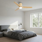 52" Ceiling Fan with Light - Low Profile Flush Mount Ceiling Fan, 6-Speed Remote Control, Solid Wood, Quiet Reversible DC Motor, Wood/White Finish, for Bedroom, Living Room, Porch