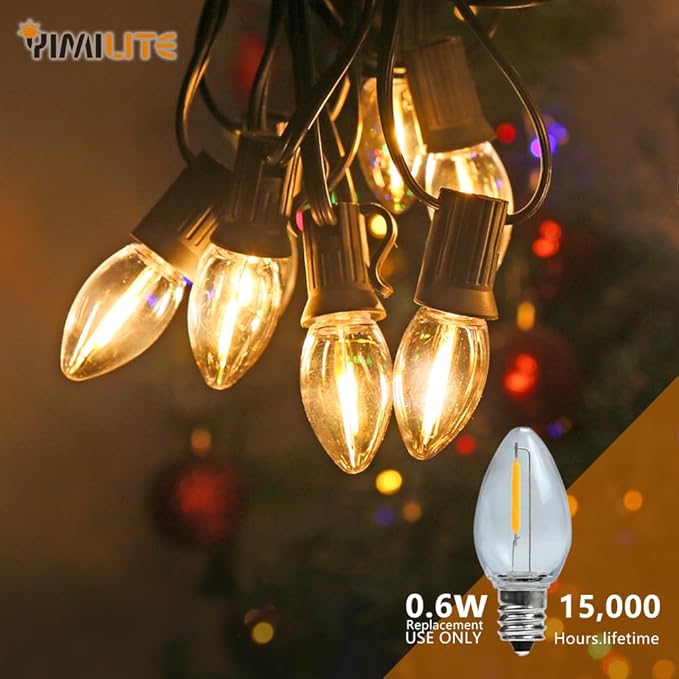 C7 Christmas Light Bulbs 0.6W 2700K Soft White E12 Base Replacement LED Bulb Indoor Outdoor Night Light 25 Pack