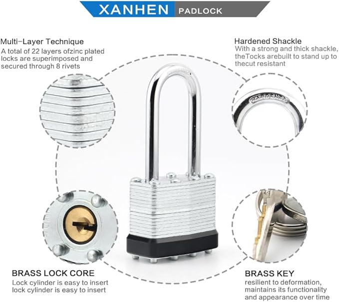 Keyed Alike Laminated Steel Padlocks with Long Shackle for Sheds, Fences & Lockers (48-Pack)