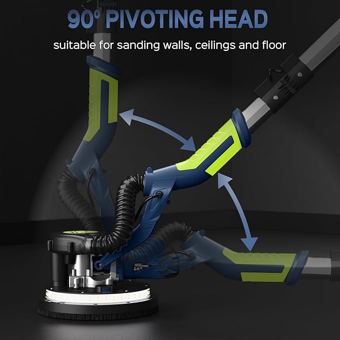 Drywall Sander, 2025 Upgraded 8-Amp Popcorn Ceiling Removal Tool with 7 Variable Speed 800-1800RPM, Drywall Sander with Vacuum Dust Collector with Extendable Handle, LED Light,12pcs Sanding Discs,Blue