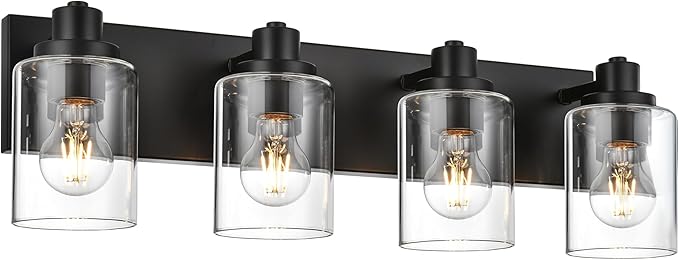 4 Light Bathroom Vanity Lights, Bathroom Lighting Fixtures over Mirror with Clear Glass Shades, Black Vanity Light For Bathoom, Modern Wall Sconces Vanity Lighting Fixture for Bathroom Hallway